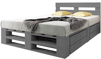 Lermowood Palettenbett M2 aus Holz 200 x 200 cm Grau mit Kopfteil und 2 Bettkästen Holzbett 40cm Stabiles Seniorenbett Kinderbett Jugendbett Gästebett erhöhtes Bettgestell Futon Komforthöhe Naturholz