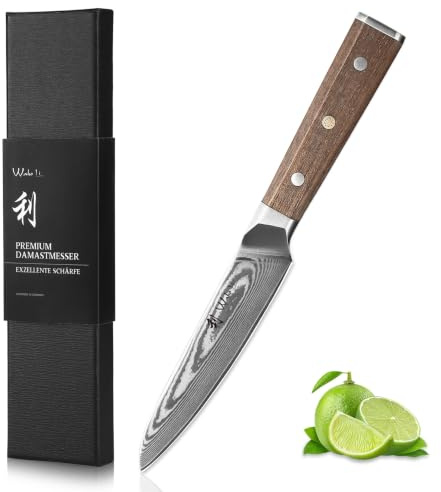 Wakoli Hickory Allzweckmesser 13 cm Klinge, 67 Lagen Damaststahl, VG10-Kern | Full Tang, Walnussholzgriff, Geschenkbox und V-Schliff 15° je Seite; für Obst, Gemüse, Käse und kleinere Fleischstücke