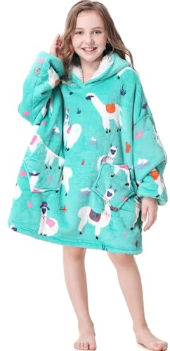 Uluvus Oversized Blanket Hoodie Kids, Wearable Flannel Kids Oversized Hoodie Gifts for Girls Boys Women, Super Soft Warm Hooded Blanket Sweatshirt with Pocket Sleeves for Children Teens Adults