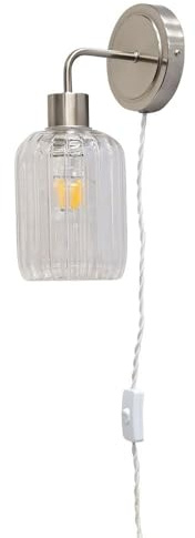 Toby - Satin Nickel Plug in Wall Light with Lozenge Ribbed Glass Shade
