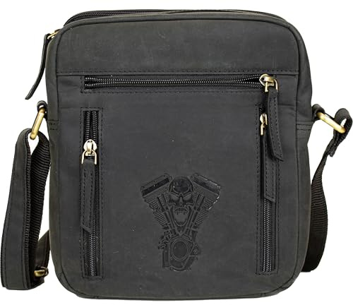 MDM Umhängetasche aus echtem Leder mit Totenkopf V-Twin-Prägung Vintage Crossbody Bag für Alltag