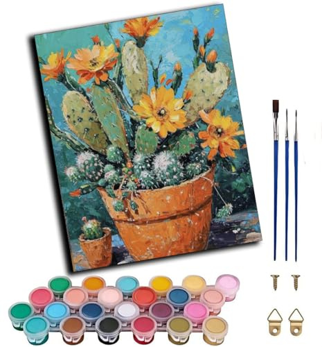 WANGXIAO Paint by Numbers for Adults - Painting by Numbers for,Oil Number Painting Kits for Home Wall Decor，20x16inch，Cute Plant Cactus Pot,Frameless