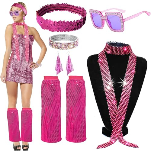 8 Stück 70er 80er Disco Outfit Damen, Discokugel Karneval Kostüm mit Sonnenbrille, Stirnband, Armband, Ohrringe, Schal, Pailletten Stulpen, Disco Accessoires Damen für Fasching Karneval(Rosenrot)