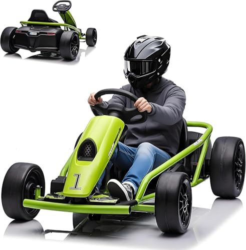 Garvee Leistungsstarkes 24V Elektro Go-Kart für Kinder – 2x300W Motoren, Drift-Funktion, 8 km/h, Musik, Sanftanlauf, Sicherheitsgurt, geräumiger Sitz – Outdoor Spielzeugauto 8-12 Jahre – Grün