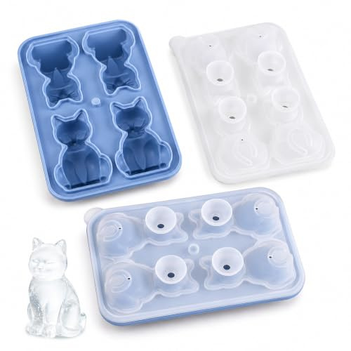 Lot de 2 moules à glaçons en silicone bleu avec couvercle entonnoir, 7,1 cm en forme de chat mignon pour whisky, cocktails, café glacé, boissons de fête
