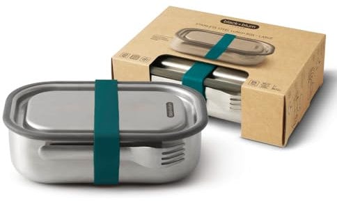 BLACK + BLUM Lunchbox Edelstahl 1L | Ozean | 3-in-1 | Vakuumverschluss- 100% auslaufsicher | inkl. Göffel, Silikonband & Innenteiler | Ofen-& Gefriergeeignet | 20x14x6 cm | Brotdose mit Fächern