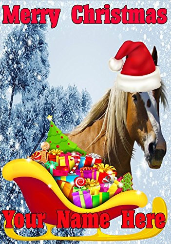 Giftsforall nnnc229 Weihnachtskarte mit Pferd, Weihnachtsmann, Schlitten, A5, personalisierbar