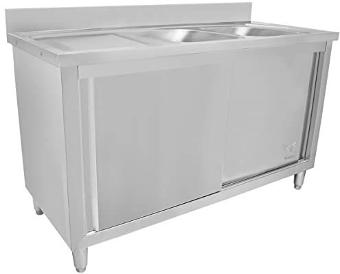Beeketal 'GSB140-Duo' Edelstahl Spülschrank mit 2 Spülbecken (rechts), Unterschrank mit Rollentüren, extra rückseitiger Aufkantung und justierbaren Stellfüßen, (B/T/H): ca. 1400 x 600 x 940 mm
