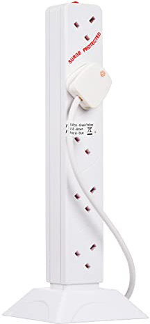 Invero 10 Way Gang Surge and Spike Protected Vertical Tower Extension Socket Adaptor with 2 Metre Lead Ideal for Electrical Equipment - White