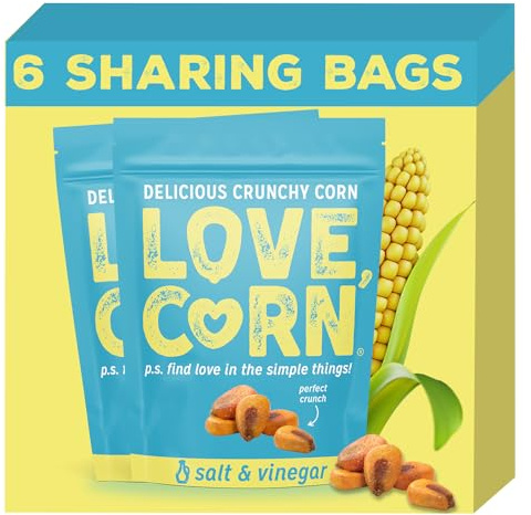 LOVE CORN Salt & Vinegar Crunchy Corn (6 x 115g) - High Fibre Snack, High Oleic Sunflower Oil, Gluten-Free, Vegan, Kosher, Low Sugar, Healthy Plant Based Graze, Savoury Crisps Alternative, UK Made