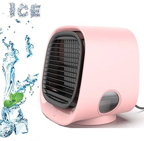 Mini Enfriador de Aire, Aire Acondicionado Portátil, 3 en 1 Mini Ventilador Humidificador, USB Air Cooler con 7 Colores Luces Tanque de agua de 300ml, 3 Velocidades, para Hogar Oficina Acampada,Rosado