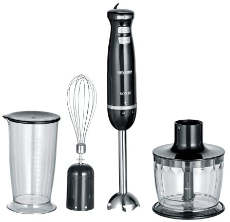 SEVERIN Juego de batidora de mano, 600 W, incluye vaso mezclador con tapa, batidor, soporte de pared, SM 3793, acero inoxidable/negro