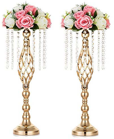 Sziqiqi 2 Stück Hochzeitsvase für Tische, 55 cm Hohe Metall-goldvasen mit Kristallperlenkette für Hochzeit, Künstliche Blumenarrangements für Party Jubiläum Zeremonie Party Event Empfang