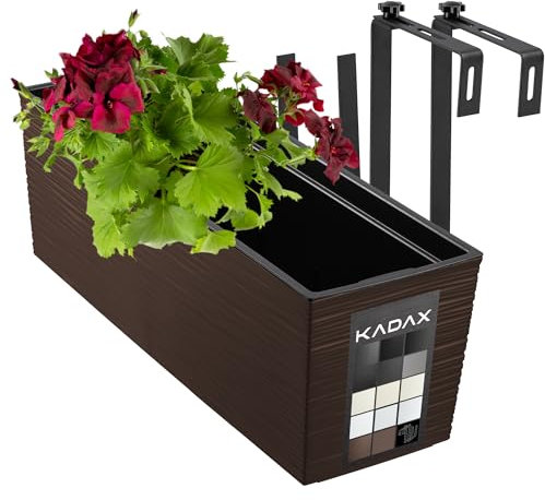 KADAX Blumenkasten 18,5x56 cm, Ritzmuster, Mokka, mit Halterungen, mit Einsatz – wetterfester rechteckiger Pflanzkasten für Balkon und Outdoor