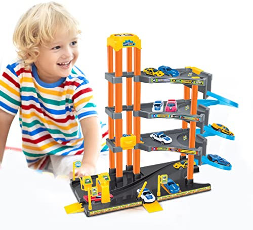 Xwin Sportseries Spiral Parking Garage Toy Set for Kids, 4-Story Parking Lot Playset Preschool Car Games Toys for Kids Vehicle Playsets Race Car Ramp Track Toy for 5 6 7 Year Old