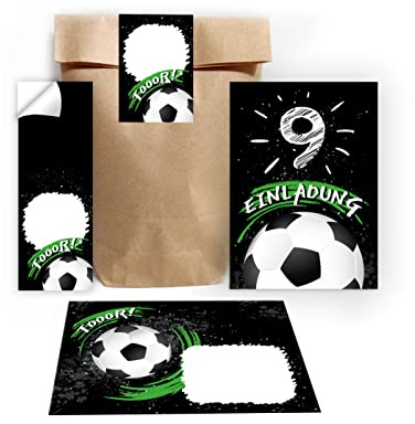 Junapack 12 Einladungskarten zum 9. Kindergeburtstag neunte Geburtstag Jungen Fussball Fußball incl. 12 Umschläge, 12 Tüten/natur, 12 Aufkleber