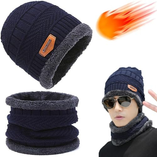 Tuofang Winter Warm Beanie Mütze und Loop Schlauchschal Set mit Fleece Gefütterte, Wintermütze und Loop Schal mit Dicke Fleecefutter, für Herren und Damen Wintermütze Halswärmer Strickset (H Blau)
