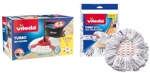 Vileda TURBO Pack Special avec 1 recharge supplémentaire - Balai serpillère en microfibres + son seau essoreur à pédale, 3 Unité & Recharge Turbo 3en1 avec pad central