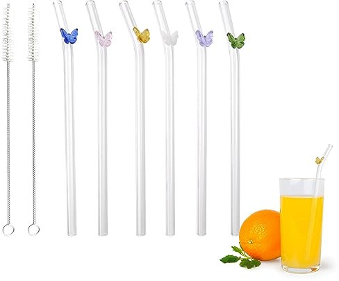 6 Stück Glasstrohlame Wiederverwendbar Strohhalme Trinkhalme Glas Transparent Glasstrohhalme mit Bunte Schmetterling mit 2 Strohhalm Reinigungsbürste Gebogen Straw für Smoothies Cocktail Säfte Kaffee