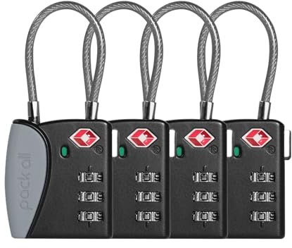 pack all Candados de equipaje con cable aprobados por la TSA, candados de combinación de 3 dígitos, cerradura de viaje para maletas y bolsas, cuerpo de aleación, accesorios de viaje (paquete de 4)