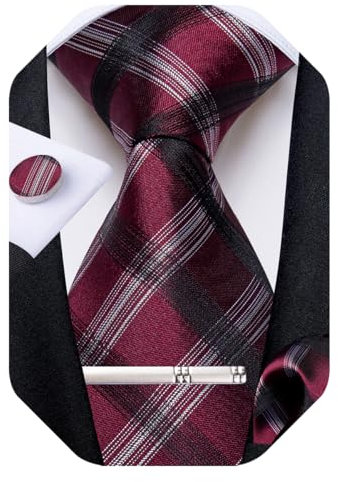 DiBanGu Herren Krawatten-Set, Seide, kariert, gestreift, gewebtes Einstecktuch und Manschettenknöpfe, Krawattenklammer-Set, formelle Hochzeit, Rot und Weiß kariert, Einheitsgröße