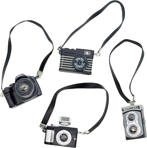 Mini Puppenhaus Kamera, Mini Kamera Ornament mit Blitz und Ton 4 Stück Puppenhaus Miniatur Zubehör Vintage Kamera Modell Puppenhaus Dekoration Zubehör Fotografie Requisiten mit Lanyard