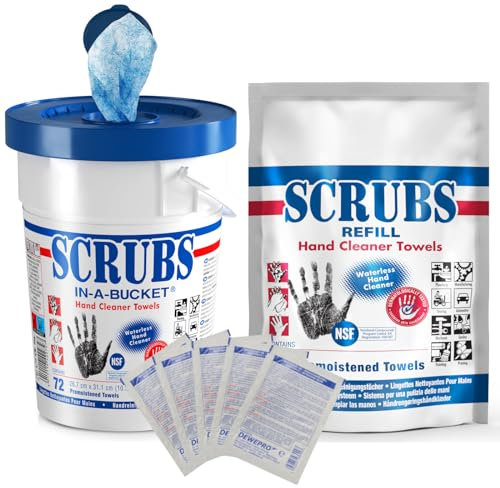 SCRUBS in-a-bucket mit nachhaltigem SCRUBS Refill Nachfüllpack mit je 72 Stück Handreinigungstücher inkl. 5 St. DEWEPRO® SingleScrubs