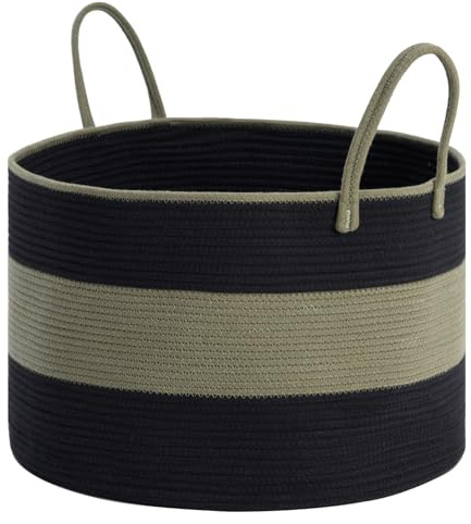 HOMHOLDON Extra Große Wäschekörbe,55,9 X 38,1 Cm,Wäschesammler Mit Griffen,Geflochtener Korb Zur Aufbewahrung,Korb Aus Baumwollseil,Großer Deckenkorb Für Das Wohnzimmer,Spielzeugkorb(Schwarz/Grün)