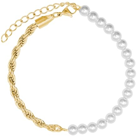 Heideman Armband Herren Daven aus Edelstahl gold farbend poliert Armkette für Männer mit Perle weiß