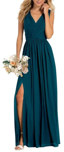 Damen V-Ausschnitt Brautjungfernkleider für Hochzeit Split A Linie Lange Formelle Kleider mit Taschen, pfau, 34