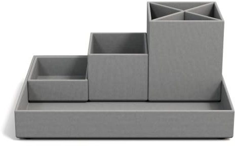 BIGSO BOX OF SWEDEN LENA Schreibtisch Organizer für Stifte, Büroklammern, Haftnotizen usw. – Sortierkasten mit 4 Fächern – Ordnungssystem aus Faserplatte und Papier in Leinenoptik – hellgrau