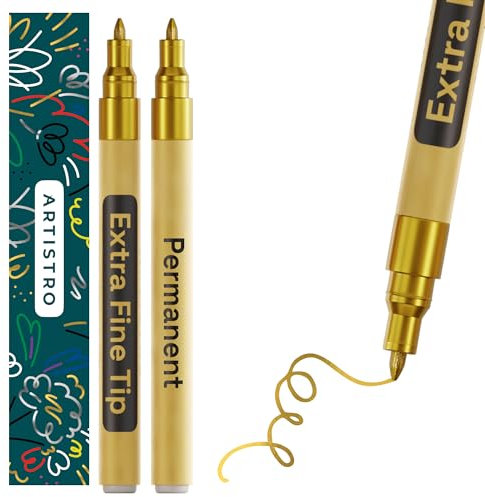ARTISTRO Metallic Permanent Markers - Set of 2 Gold Paint Pen, Oil Based Paint Markers Extra-Fine Tip 0.7mm, Waterproof Paint Pens, for Rock Painting, Ceramic, Glass, Wood, Tire, Fabric & More