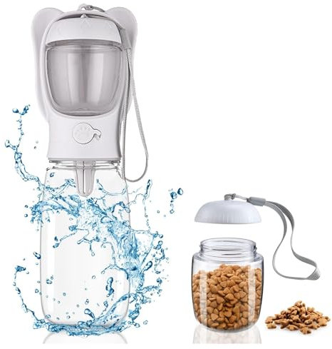 Botella de Agua para Mascotas, Botella para Perros para Viajes, Bebedero Perro Portatil, 550ml Botella de Viaje para Caminar para Perros con 100g Recipiente de Comida para para Caminar Viajar Acampar