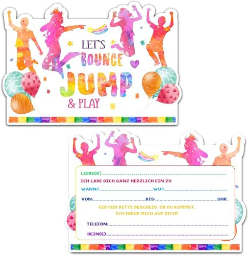 ZELAITE 12x Jump Party EINLADUNGSKARTEN KINDERGEBURTSTAG Junge Mädchen, Jump Party Einladung, Trampolin Einladungskarten Kindergeburtstag (F)