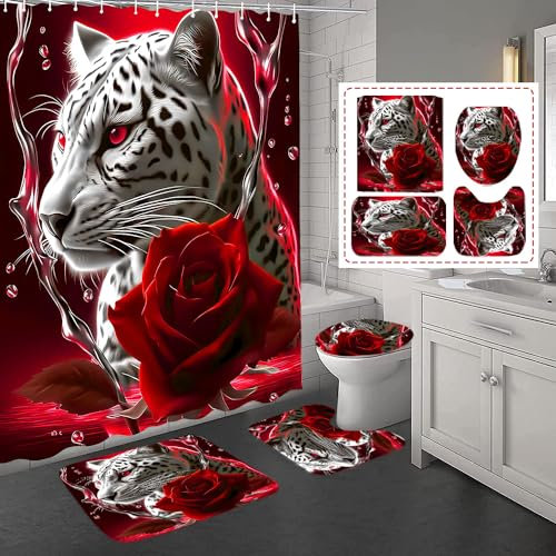 beifivcl 4PCS Red Rose and Leopard Shower Curtain Bathroom Set with Non-Slip Rugs, Toilet Lid Cover and Bath Mat, Red Bathroom Decor Set Accessories Shower Curtains with 12 Hooks, 72 x 72 Inch