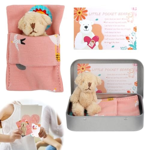 Little Pocket Bear Hug in a Tin Box Mini Stuffed Worry Bear Thinking of You Get Well Soon Key Chain Decoration Positive Christmas Birthday Gifts for Children Women Lover Friend Couple (Light Brown)