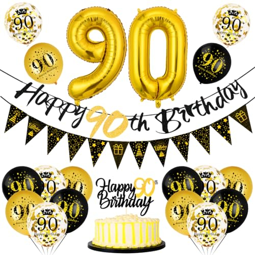 90 Geburtstag Deko Mann Frau, Luftballon 90 Geburtstag Schwarz Gold, 90 Happy Birthday Banner Wimpelkette, Folienballon Zahl 90, Cake Topper Schwarz Gold für 90 Geburtstag Party Dekoration