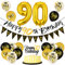 90 Geburtstag Deko Mann Frau, Luftballon 90 Geburtstag Schwarz Gold, 90 Happy Birthday Banner Wimpelkette, Folienballon Zahl 90, Cake Topper Schwarz Gold für 90 Geburtstag Party Dekoration