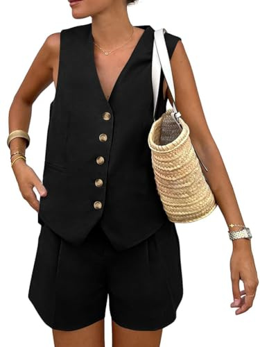 shownicer Damen Sommer Zweiteiler Outfits Elegant Einfarbig Shorts Und Ärmellose Weste Anzugshorts Set Casual Chic Anzug Outfit Sets Streetwear A Schwarz L