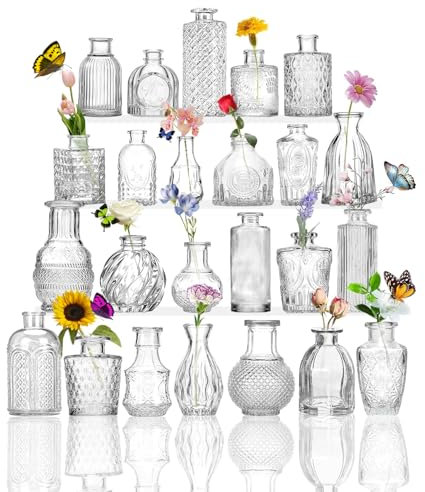 Glass Bud Vases, Set of 24, Mini Flower Vases for Centrepieces, Vintage Bottles for Table Decorations, Wedding Decor, Home, Clear (24, Clear)