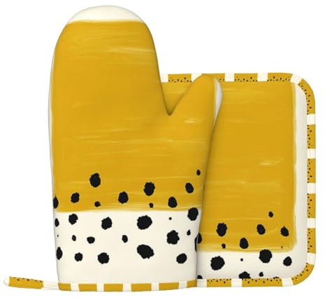 Mustard Yellow And Black Oven Gloves And Pot Cover (Left Hand Cover) Kitchen Oven Gloves Are Suitable For Baking And Cooking