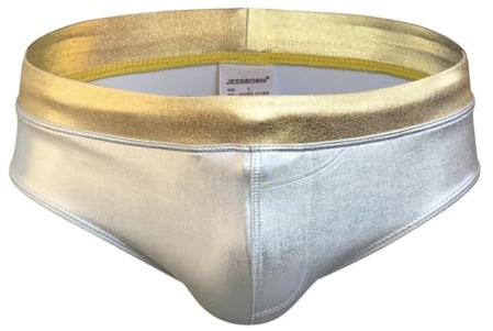 WOYUANSHA Badehose Boardshorts Schwimmhose Sexy Herren Glänzende Bademode Nylon Schnell Trocken Baden Badeanzug Niedrige Taille Badeslips Mode Männliche Tasche Trunks M Silberband