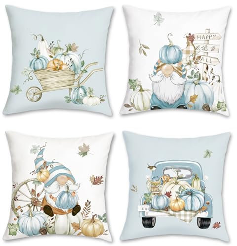 Bonhause Fundas Cojines Otoño 45 x 45 cm Funda de Almohada Calabaza Gnomos Hojas de Otoño Camión Azul Cojines Decorativos para Sofá Cama Hogar Jardín Juego de 4