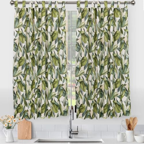 Viste tu hogar Pack 2 Cortina Cocina de Hojas Tropicales, Estilo Español con Tirantes, Tela Opaca Máxima Privacidad, Ideal para Ventanas Cocina, 70% Algodón 30% Poliester, 140x145cm
