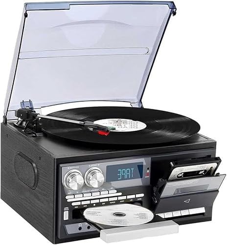 Retro Bluetooth Record Player with Built in Speakers - 3 Speed Vintage Turntable, CD and Cassette Player - Less Noise, Frosted Dust Cover - Entertainment Center for Music Lovers