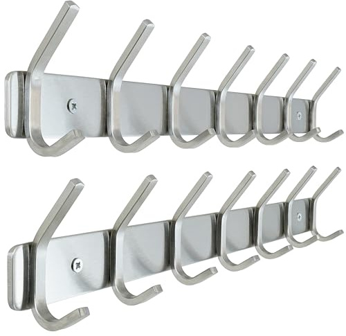 HONSKY 304 Stainless Steel Wall Mounted Coat Rack with 14 Hooks - Heavy Duty Rustproof Towel & Clothing Hanger for Bathroom & Entryway,2 Pack