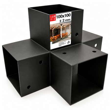LUN FIX X-Verbinder 100x100 Stahl verzinkt Pfostenträger 102x206x306x2 mm | schwarz pulverbeschichtet, Pfostenverbinder, Holzverbinder, Eckverbinder für Pergola, Carport, Zaun, Holzbalken Verbinder