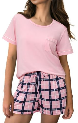 Irdcomps Pyjama Femme Ete Coton Ensembles de Pyjamas Court Short Manche Courtes Vêtements de Nuit Sleepwear Doux Respirant Rose L