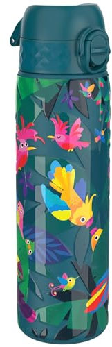 ION8 Gourde Inox Léger, 600ml, Non Isolé, Anti-Fuite, Facile à Ouvrir, Verrouillage Sécurisé, Lavable au Lave-Vaisselle, Poignée de Transport, Durable, Acier Inoxydable, Motif 3D Oiseaux Exotiques