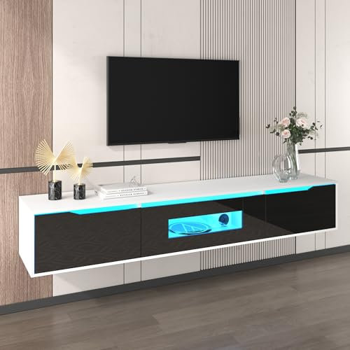 Jaxenor Floating TV Unit with 16 Colour LED Lighting, High Gloss Wall Mounted TV Cabinet for 80 Inch TVs, Modern Entertainment Storage for Living Room, Black & White, 180×35×30cm
